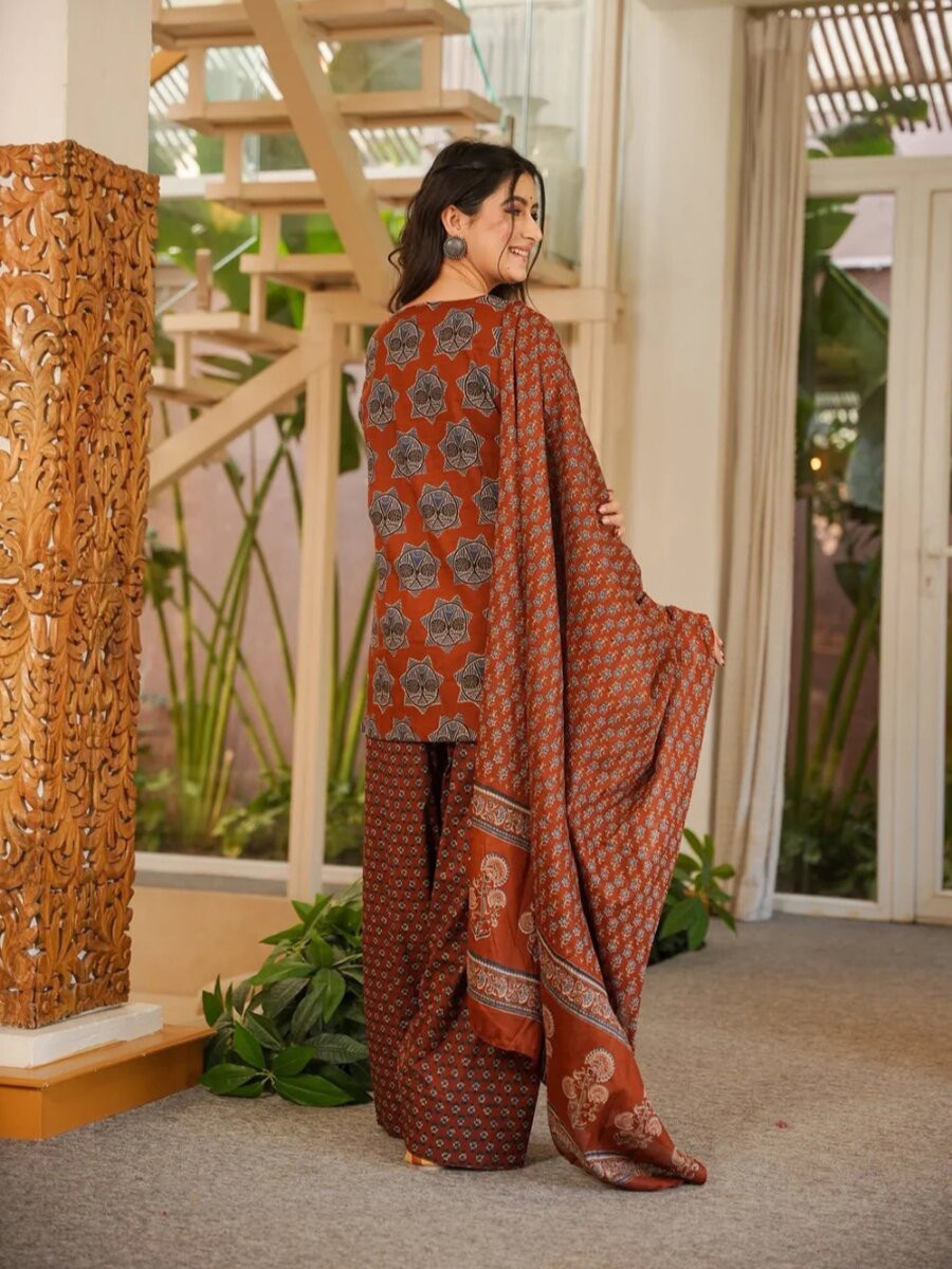 Rust Cotton Silk Printed Wedding Party Festival Casual Ready Palazzo Pant Salwar Kameez