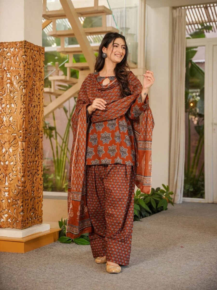 Rust Cotton Silk Printed Wedding Party Festival Casual Ready Palazzo Pant Salwar Kameez
