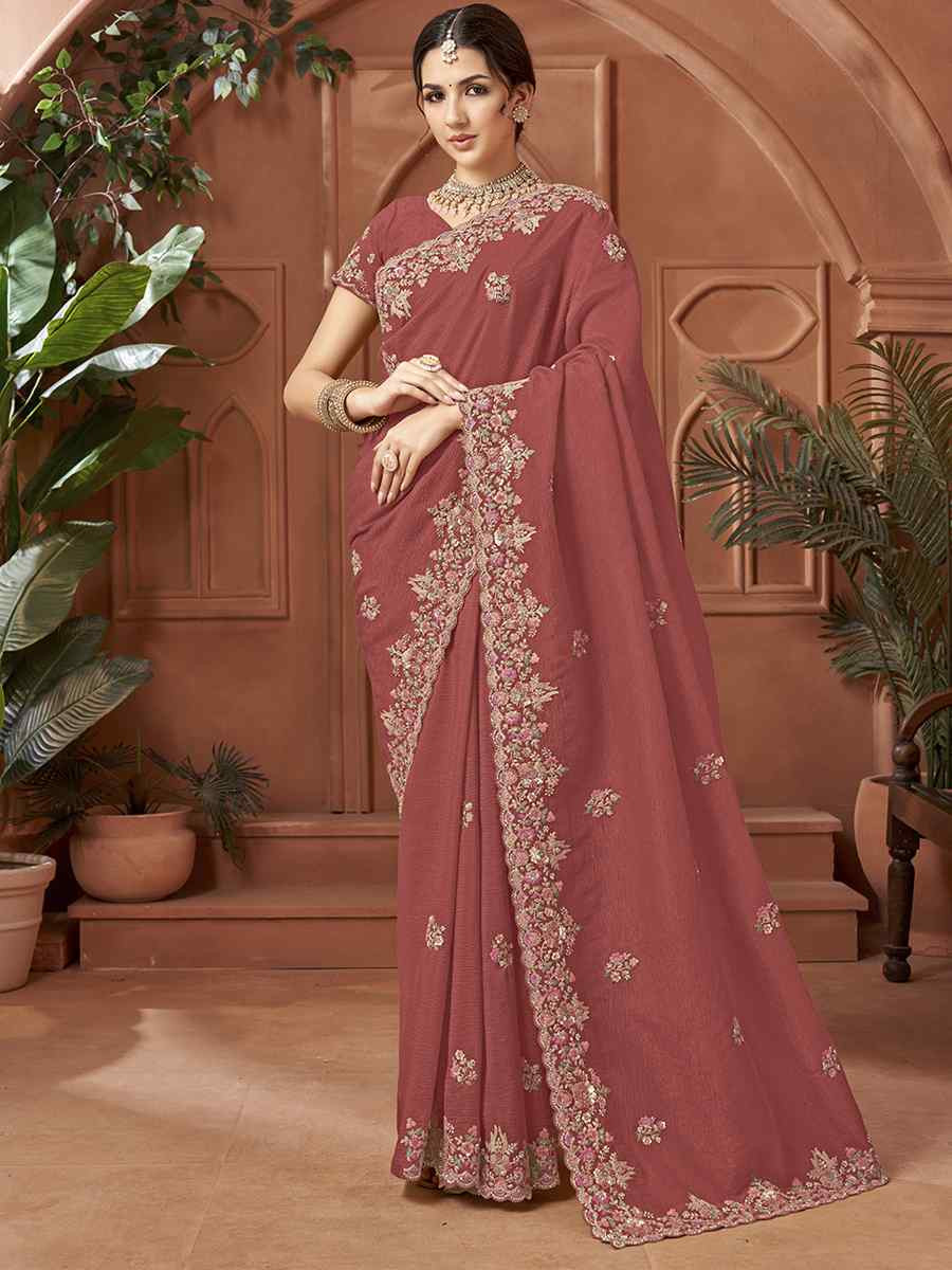 Rust Crush Silk Embroidery Traditional Bridal Reception Festival Wedding Fancy Heavy Border Sarees