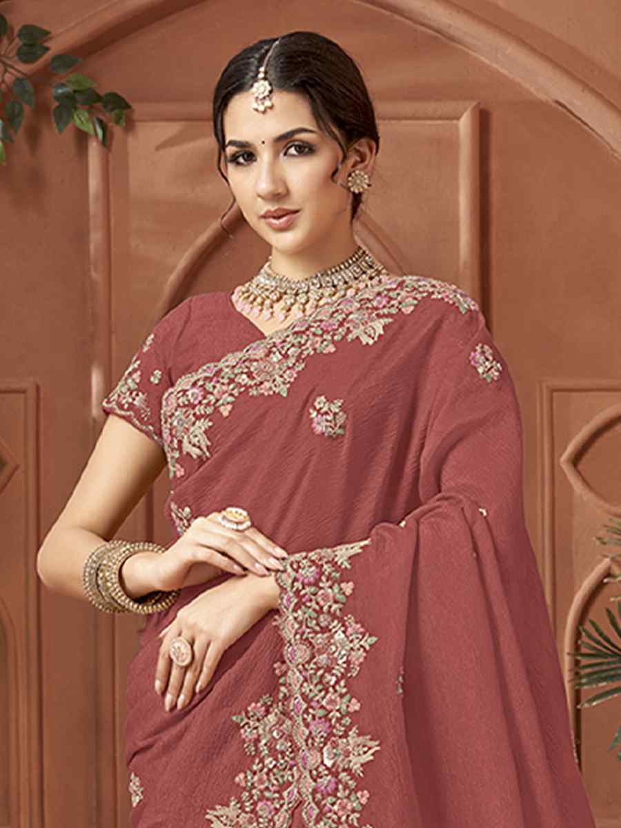 Rust Crush Silk Embroidery Traditional Bridal Reception Festival Wedding Fancy Heavy Border Sarees