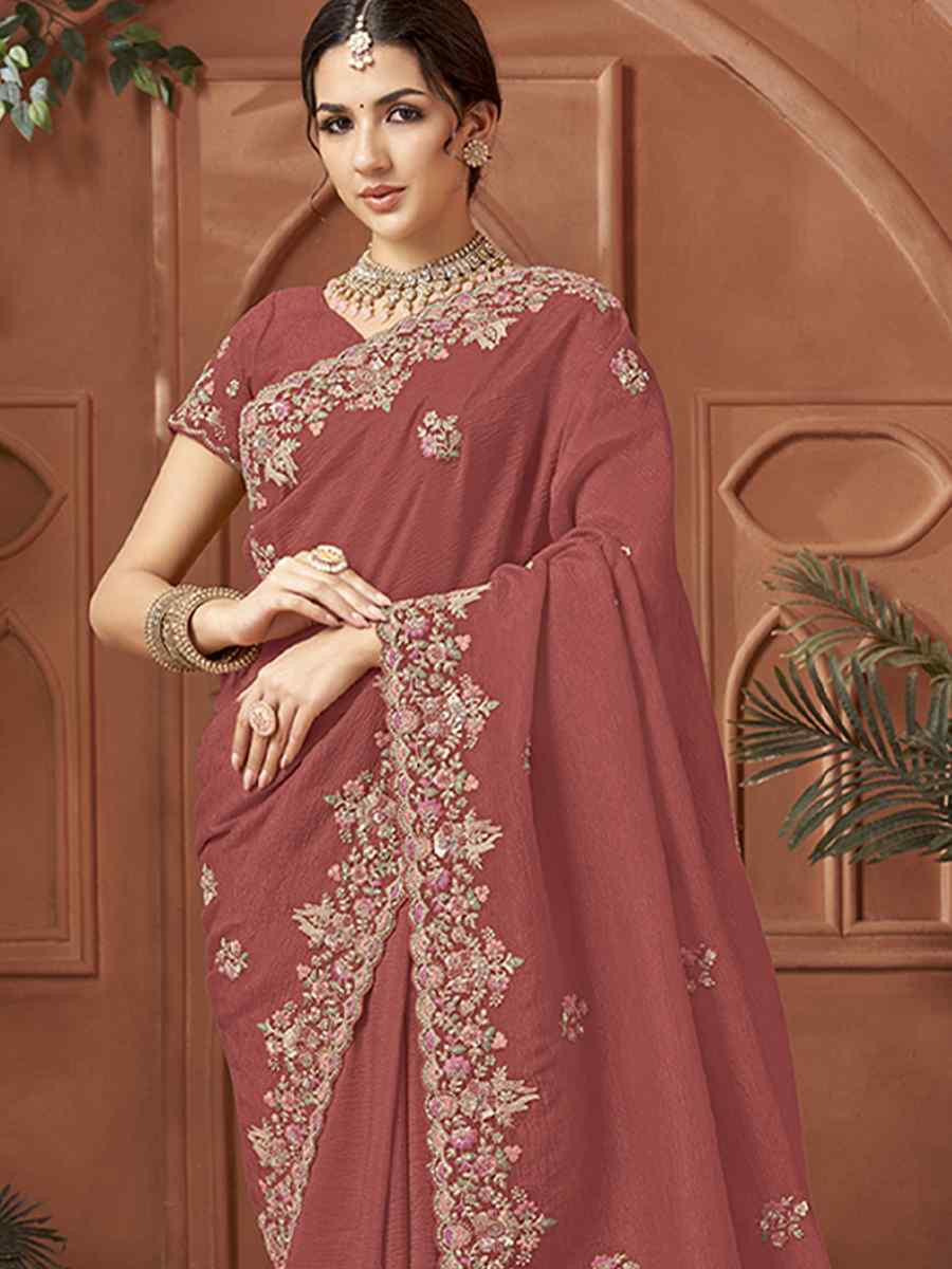 Rust Crush Silk Embroidery Traditional Bridal Reception Festival Wedding Fancy Heavy Border Sarees