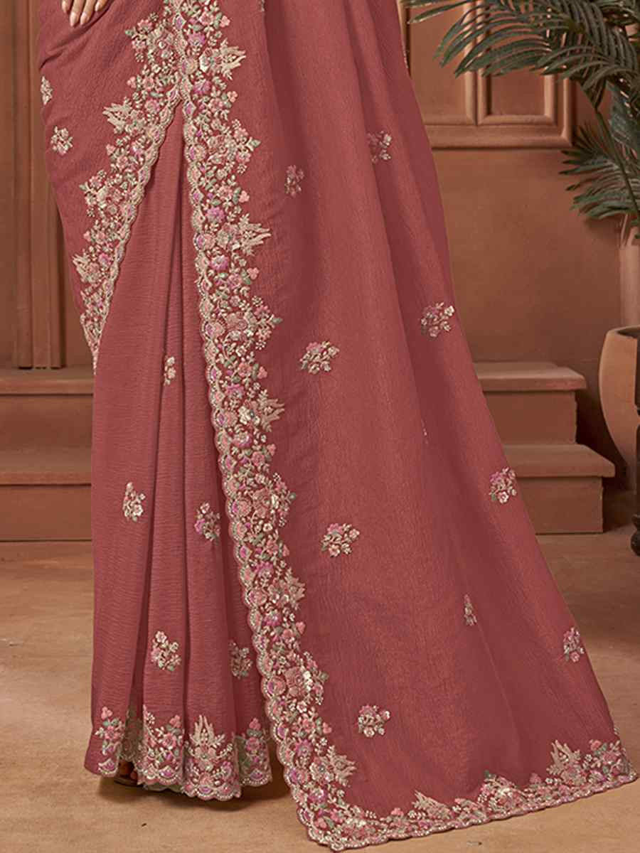 Rust Crush Silk Embroidery Traditional Bridal Reception Festival Wedding Fancy Heavy Border Sarees