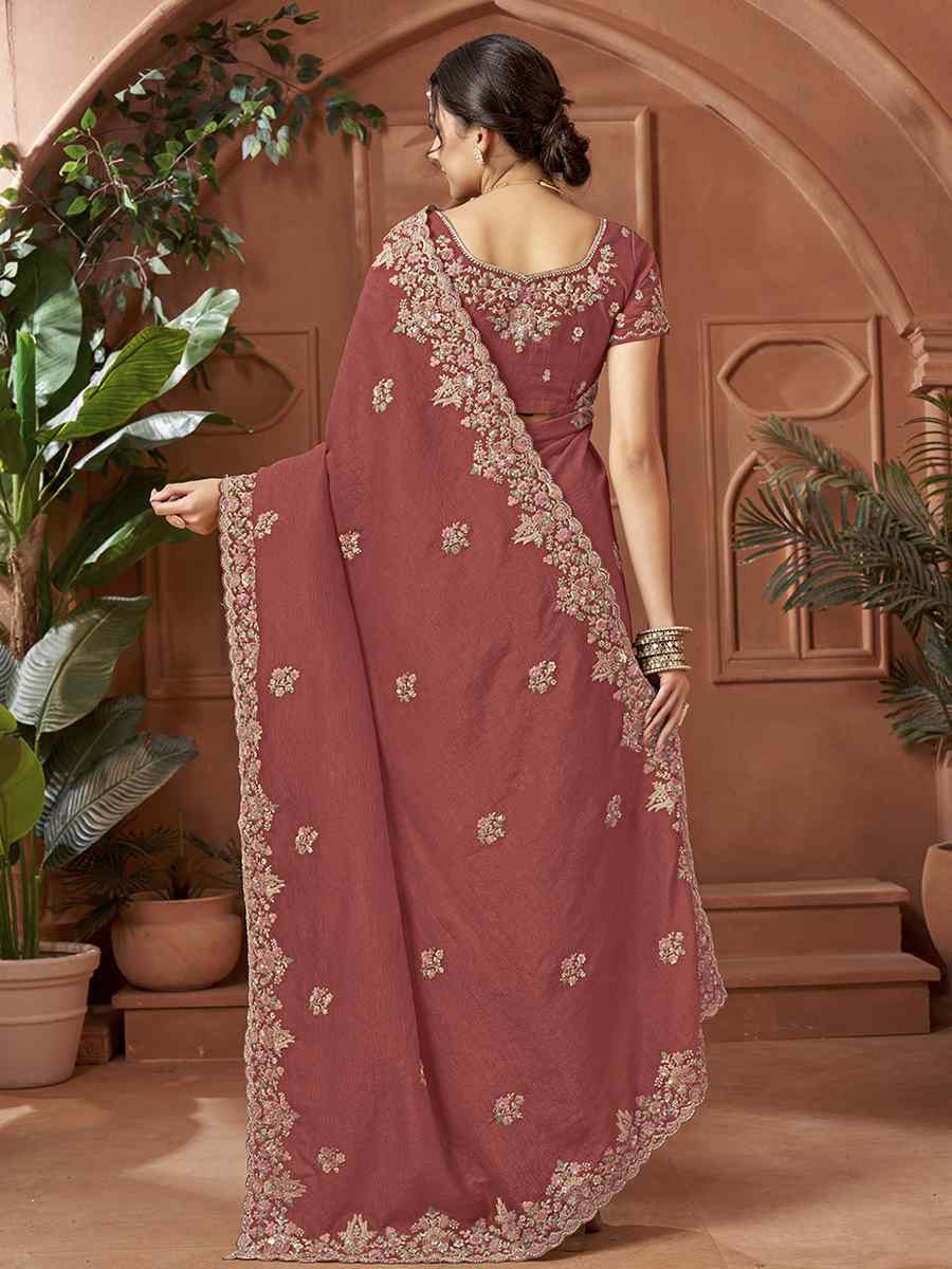 Rust Crush Silk Embroidery Traditional Bridal Reception Festival Wedding Fancy Heavy Border Sarees