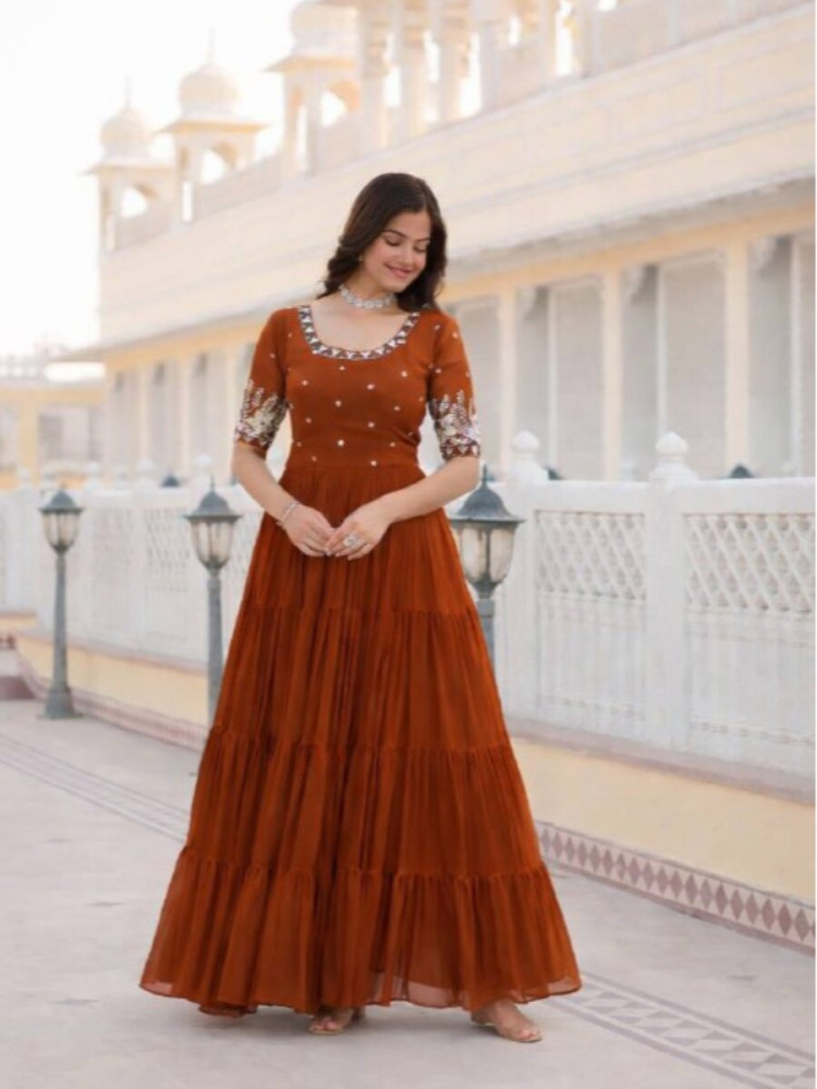 Image of Rust Faux Blooming Georgette Embroidery Sequins Zari Wedding Party Festival Anarkali Salwar Kameez