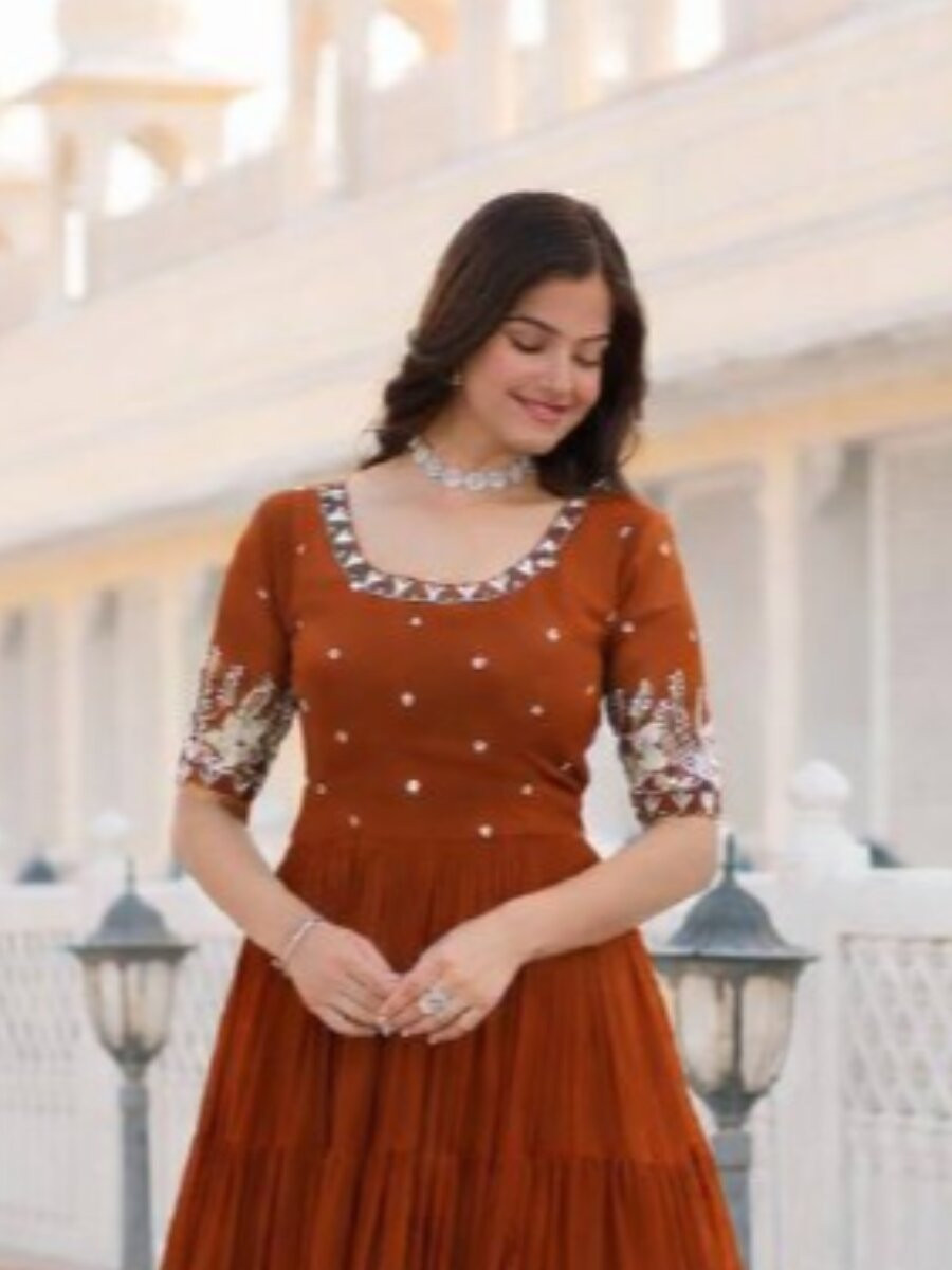 Rust Faux Blooming Georgette Embroidery Sequins Zari Wedding Party Festival Anarkali Salwar Kameez