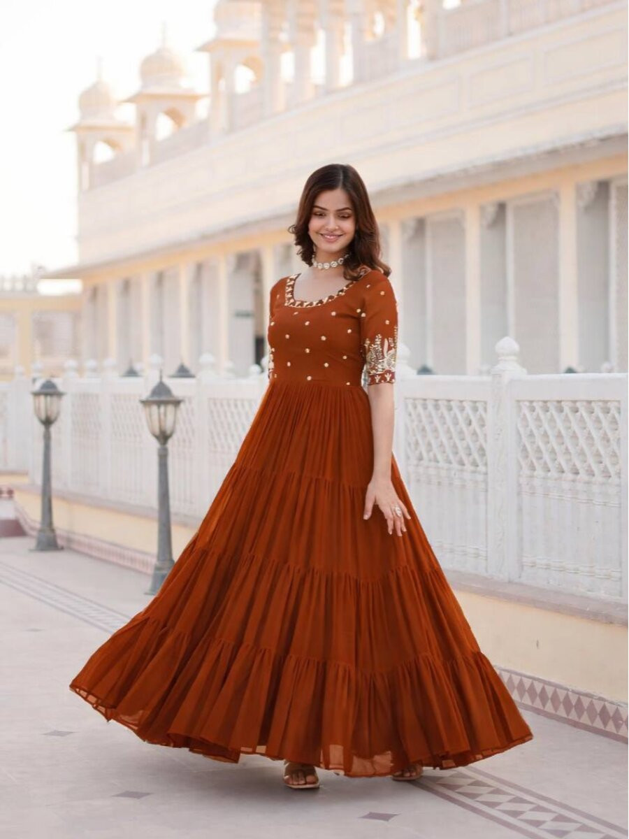 Rust Faux Blooming Georgette Embroidery Sequins Zari Wedding Party Festival Anarkali Salwar Kameez