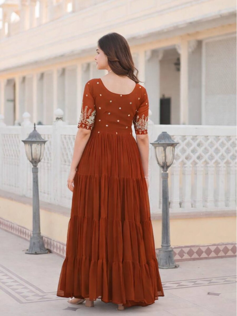 Rust Faux Blooming Georgette Embroidery Sequins Zari Wedding Party Festival Anarkali Salwar Kameez