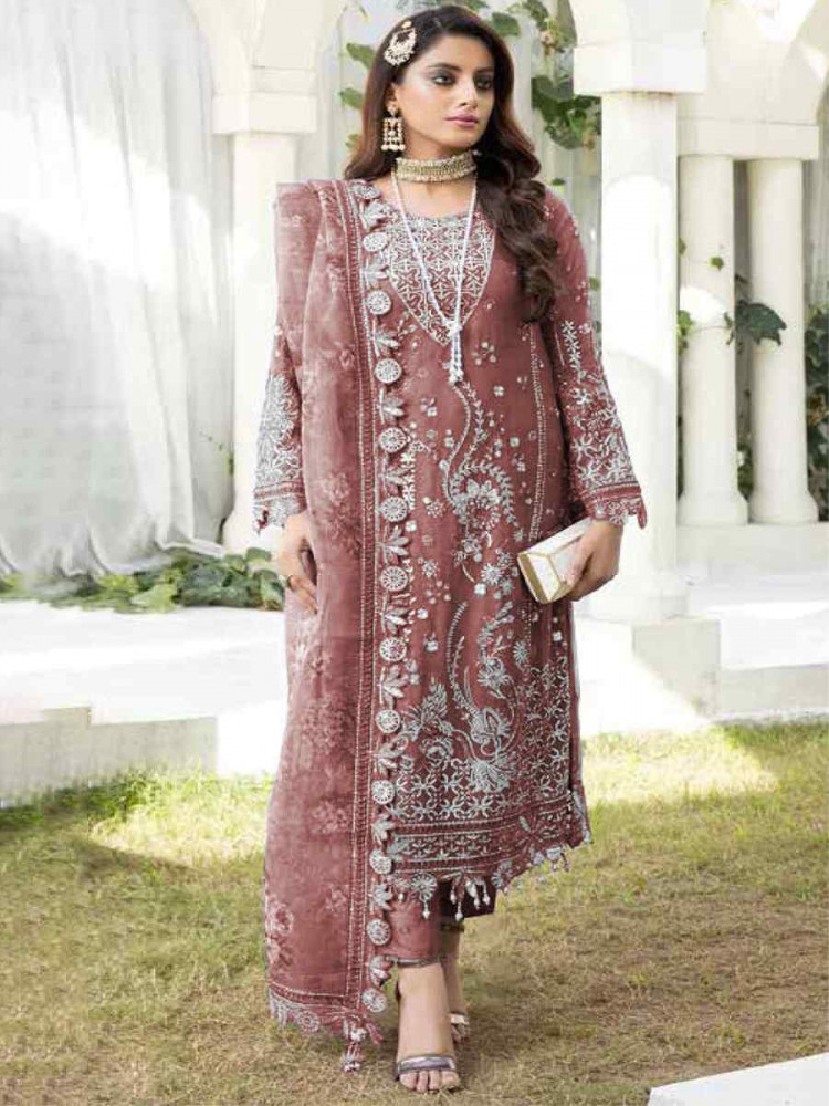 Rust Faux Georgette  Embroidered Festival Wedding Pant Salwar Kameez