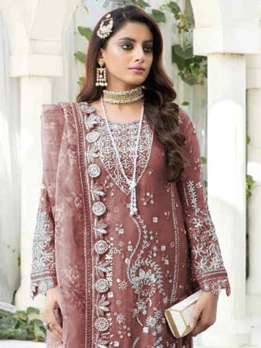 Rust Faux Georgette  Embroidered Festival Wedding Pant Salwar Kameez