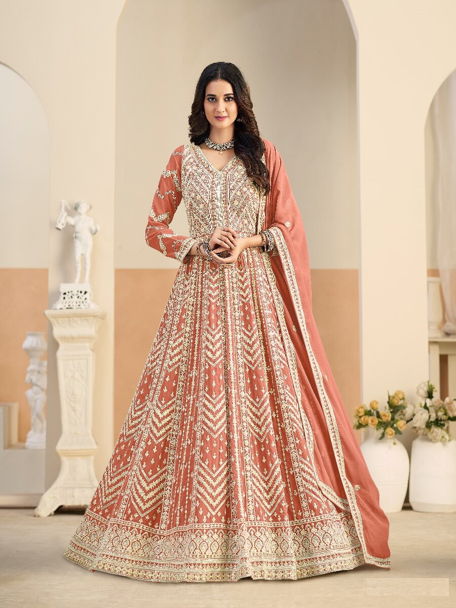 Rust Faux georgette Embroidery Wedding Party Festival Lawn Salwar Kameez