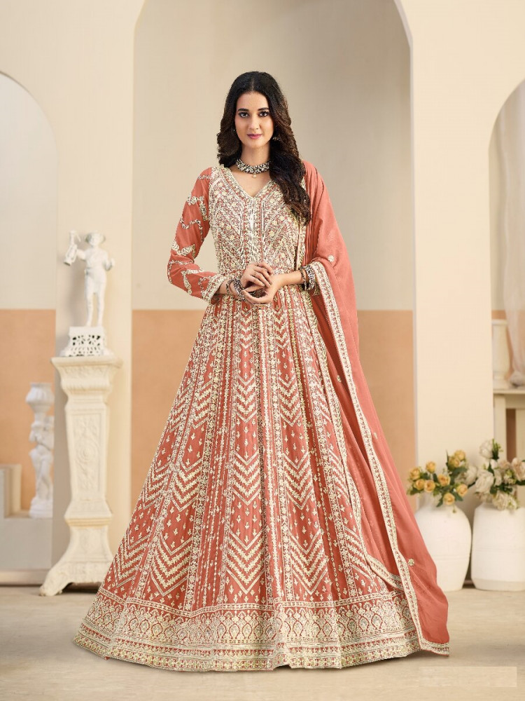Image of Rust Faux georgette Embroidery Wedding Party Festival Lawn Salwar Kameez