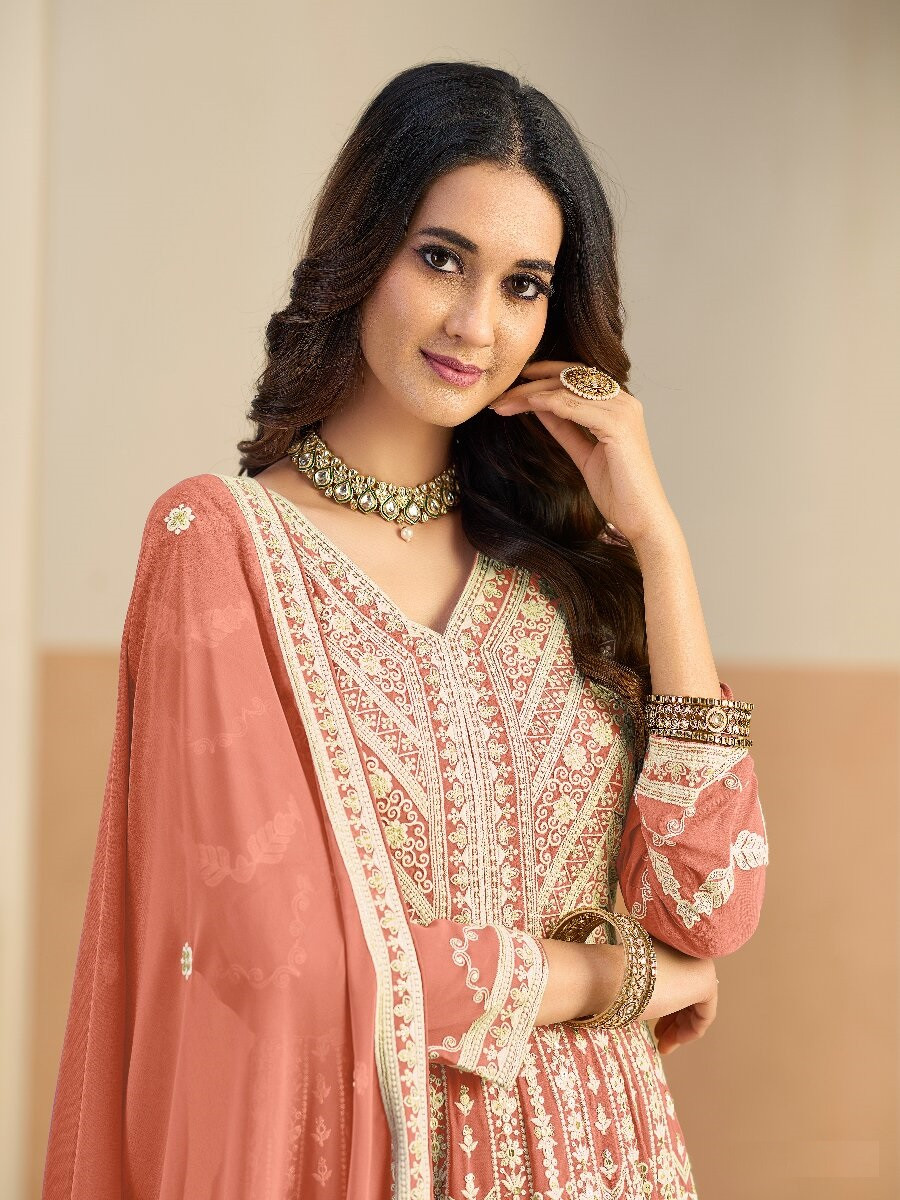 Rust Faux georgette Embroidery Wedding Party Festival Lawn Salwar Kameez
