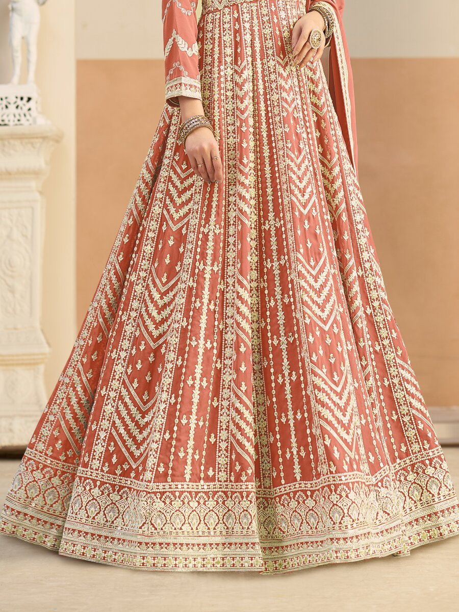 Rust Faux georgette Embroidery Wedding Party Festival Lawn Salwar Kameez