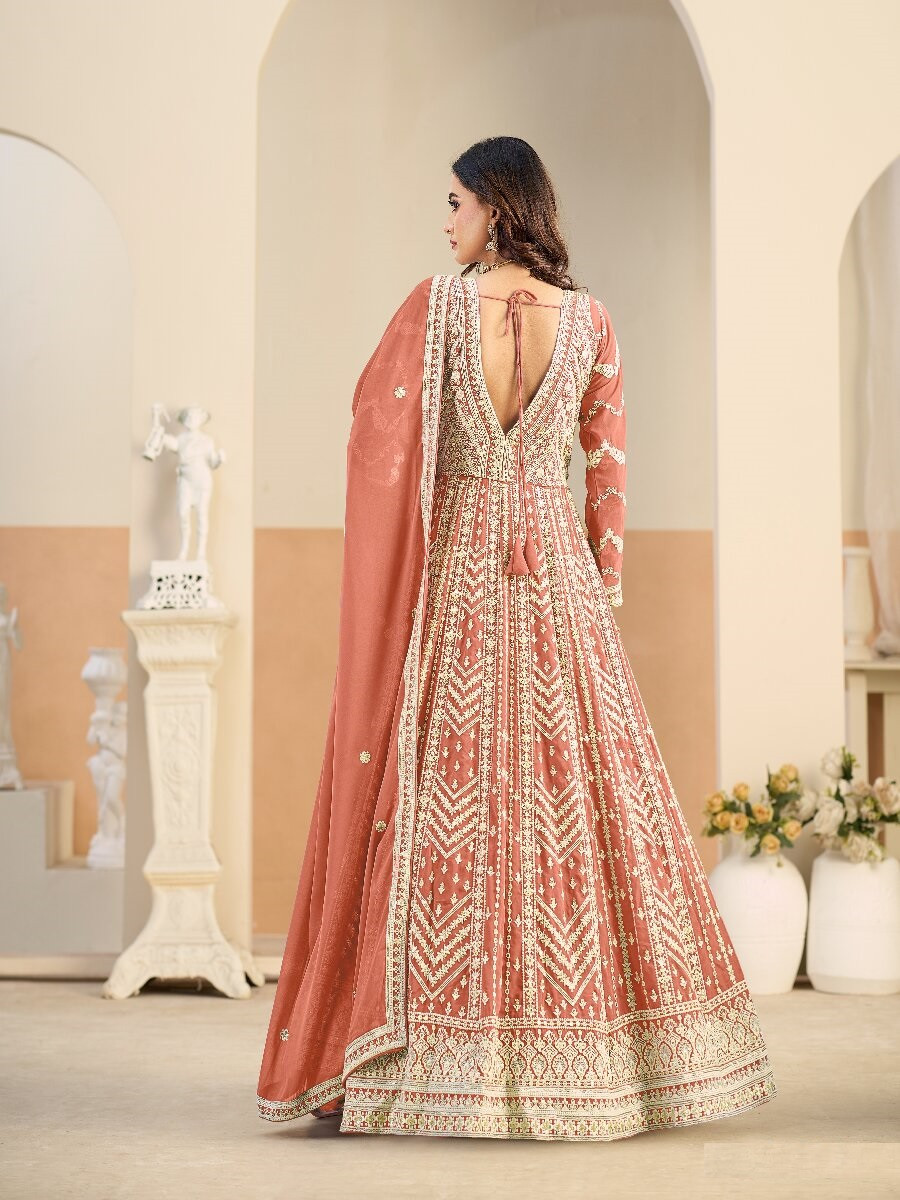 Rust Faux georgette Embroidery Wedding Party Festival Lawn Salwar Kameez