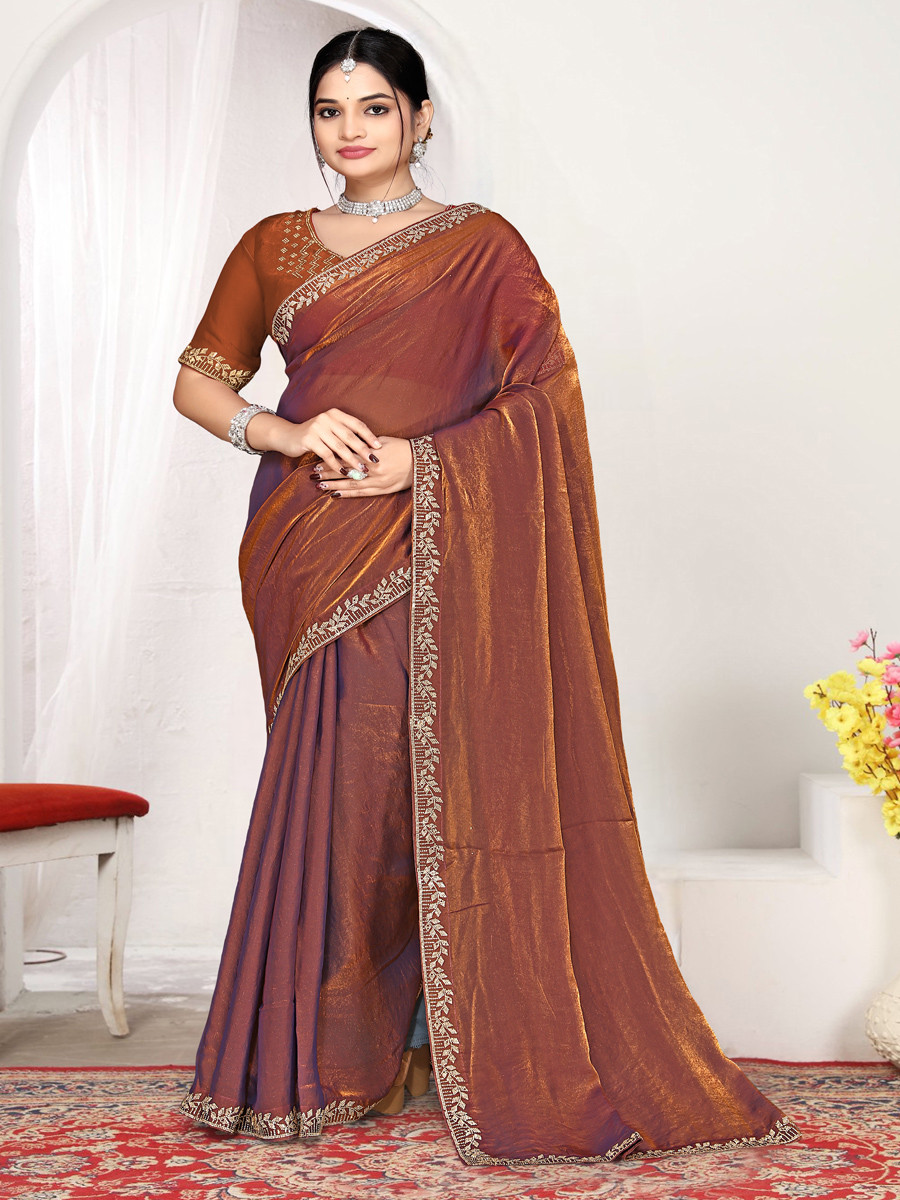 Rust Fendi satin silk Zircon Stone Embroidery Festival Wedding Fancy Classic Heavy Border Saree