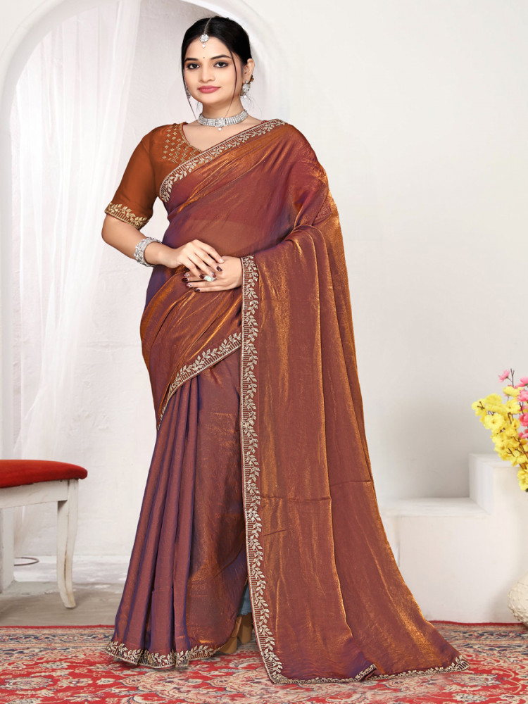 Image of Rust Fendi satin silk Zircon Stone Embroidery Festival Wedding Fancy Classic Heavy Border Saree