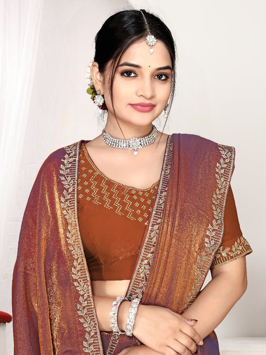 Rust Fendi satin silk Zircon Stone Embroidery Festival Wedding Fancy Classic Heavy Border Saree