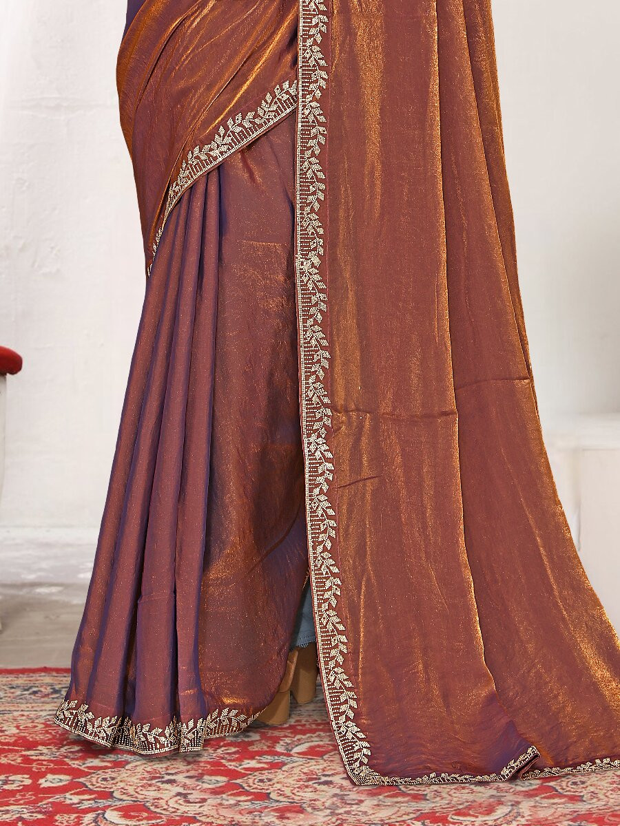 Rust Fendi satin silk Zircon Stone Embroidery Festival Wedding Fancy Classic Heavy Border Saree