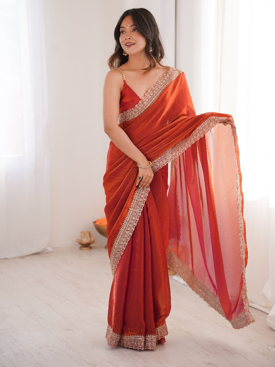 Rust Fendy Satin Embroidery Lace Border Wedding Party Festival Reception Casual Heavy Border Sarees
