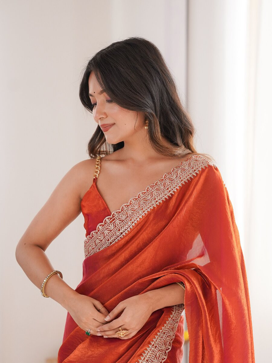 Rust Fendy Satin Embroidery Lace Border Wedding Party Festival Reception Casual Heavy Border Sarees