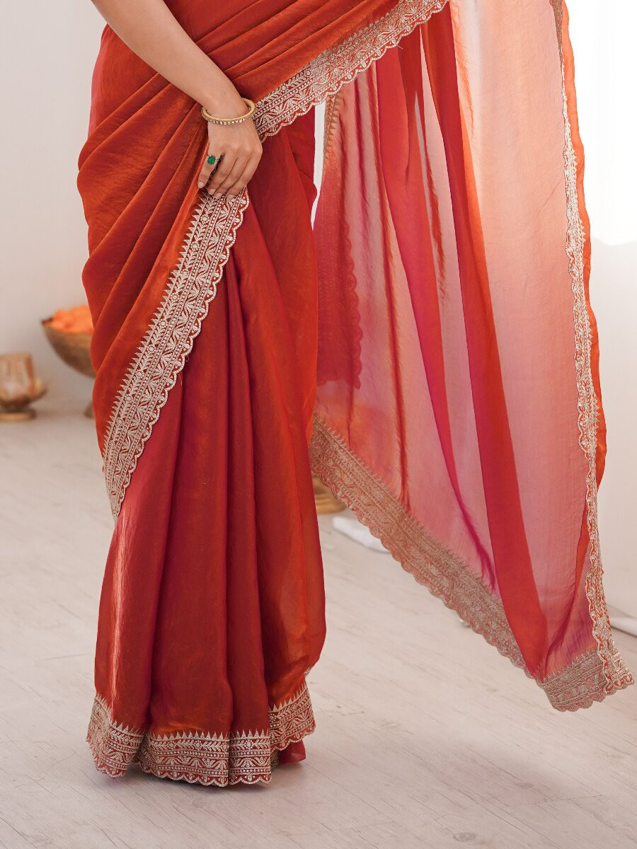 Rust Fendy Satin Embroidery Lace Border Wedding Party Festival Reception Casual Heavy Border Sarees