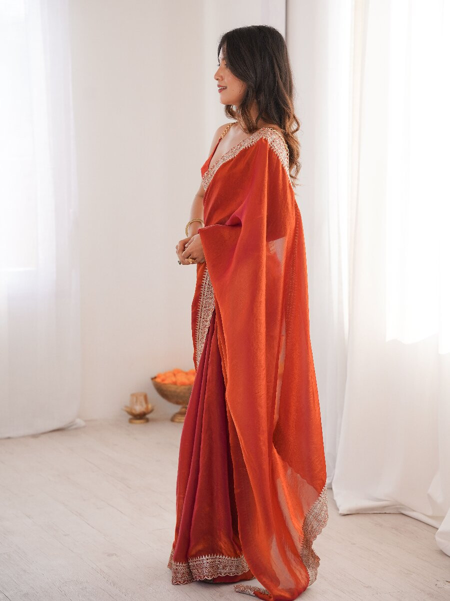 Rust Fendy Satin Embroidery Lace Border Wedding Party Festival Reception Casual Heavy Border Sarees