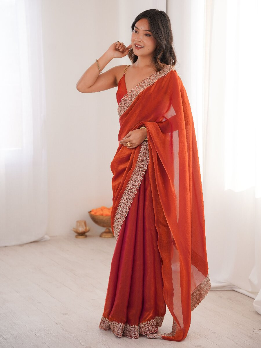 Rust Fendy Satin Embroidery Lace Border Wedding Party Festival Reception Casual Heavy Border Sarees