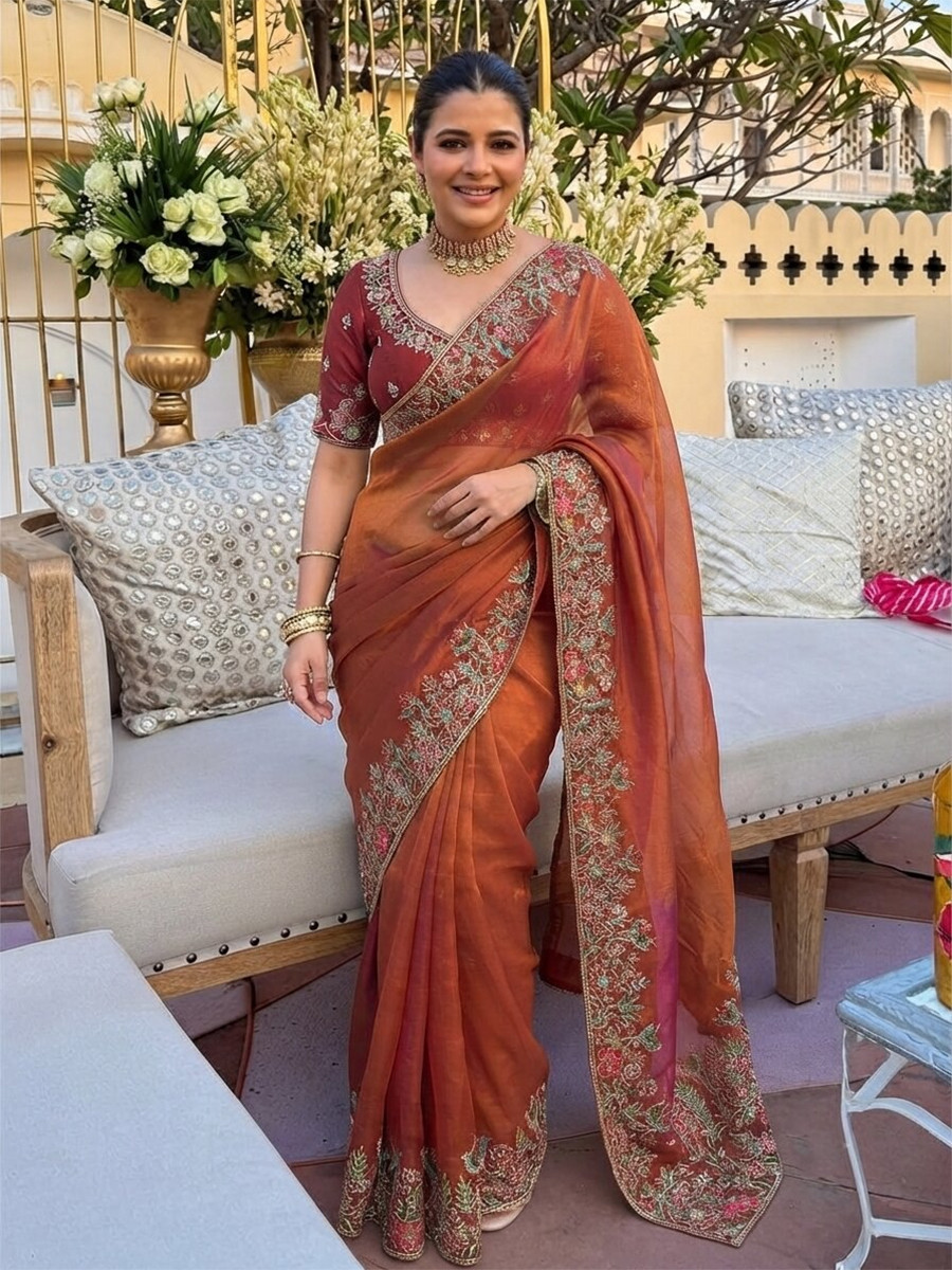 Rust Fendy Satin Silk Embroidery Wedding Reception Party Festival Casual Heavy Border Sarees
