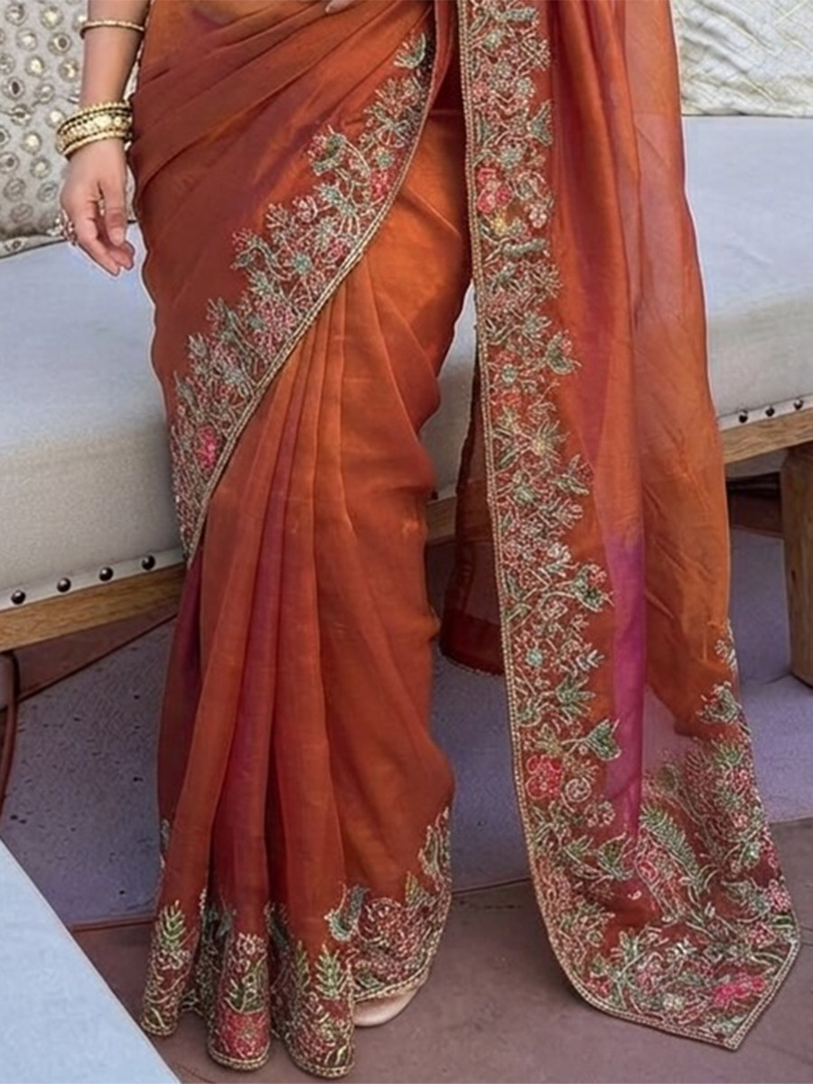 Rust Fendy Satin Silk Embroidery Wedding Reception Party Festival Casual Heavy Border Sarees
