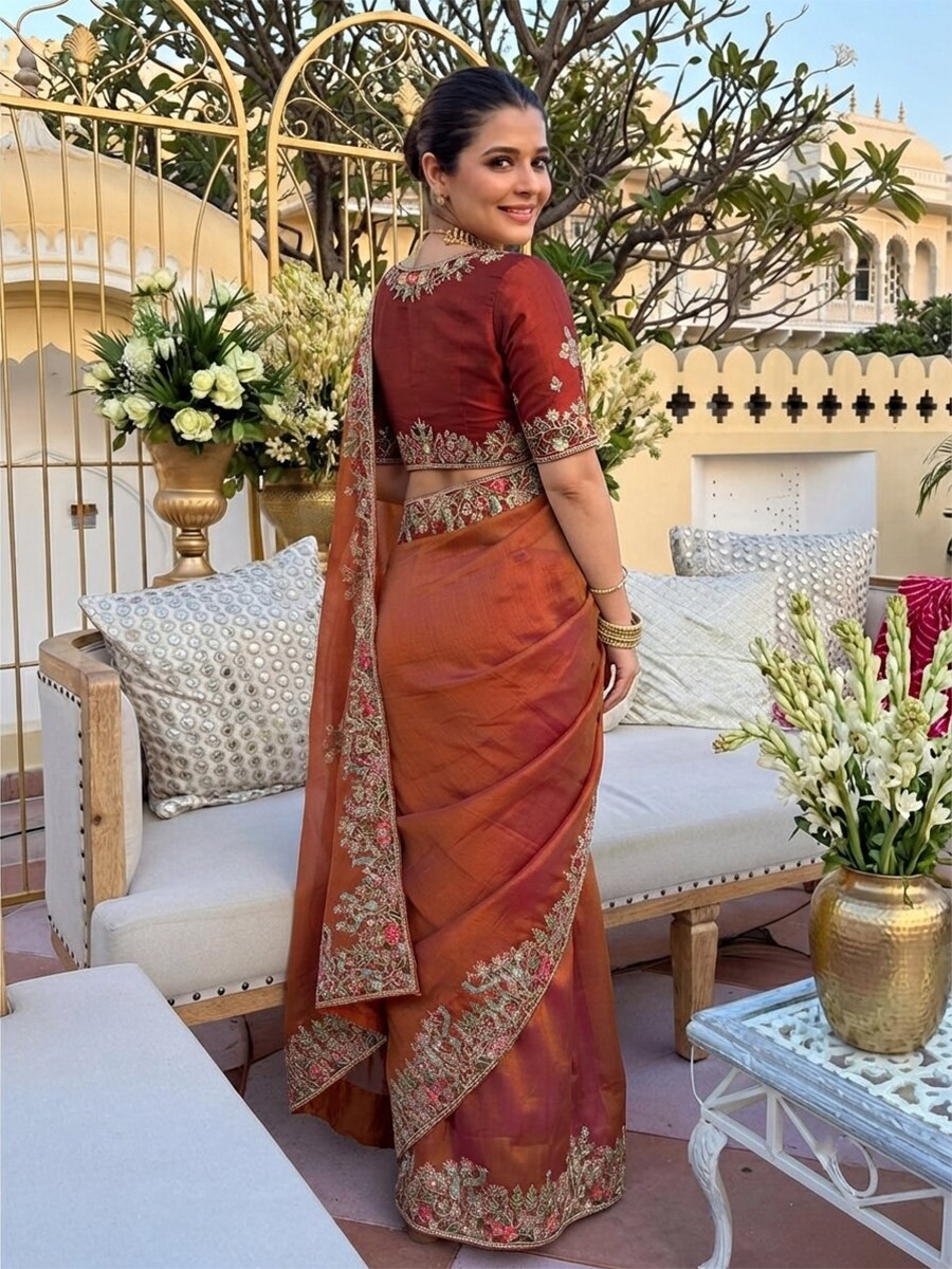 Rust Fendy Satin Silk Embroidery Wedding Reception Party Festival Casual Heavy Border Sarees