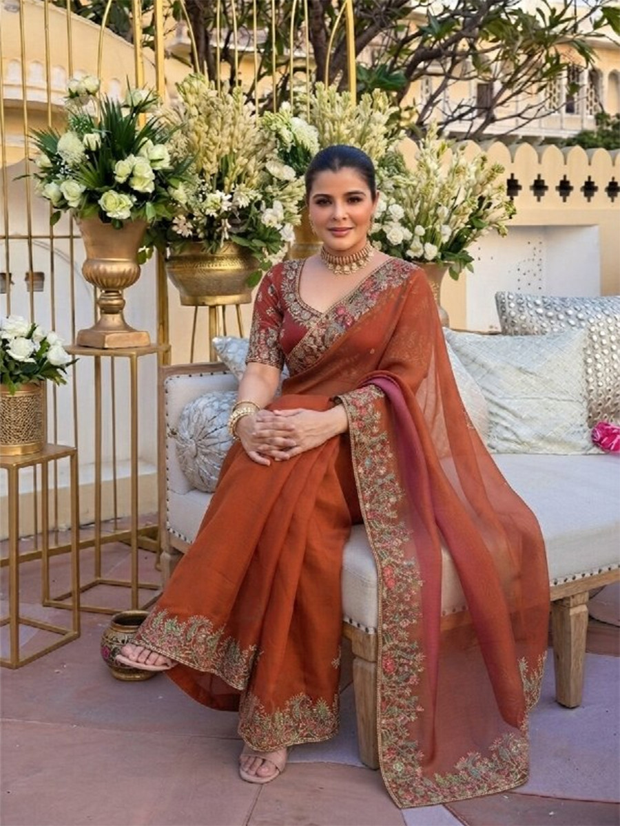 Rust Fendy Satin Silk Embroidery Wedding Reception Party Festival Casual Heavy Border Sarees