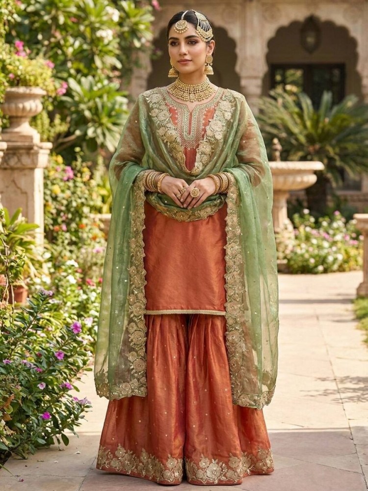 Image of Rust Fendy Silk Embroidery Sequins Zari Wedding Festival Party Reday Sharara Pant Salwar Kameez