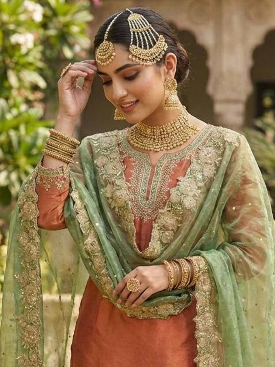 Rust Fendy Silk Embroidery Sequins Zari Wedding Festival Party Reday Sharara Pant Salwar Kameez