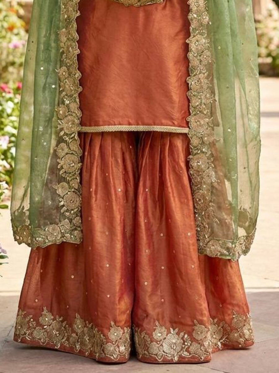 Rust Fendy Silk Embroidery Sequins Zari Wedding Festival Party Reday Sharara Pant Salwar Kameez