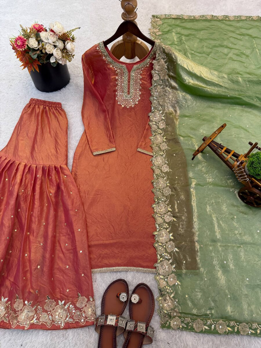 Rust Fendy Silk Embroidery Sequins Zari Wedding Festival Party Reday Sharara Pant Salwar Kameez