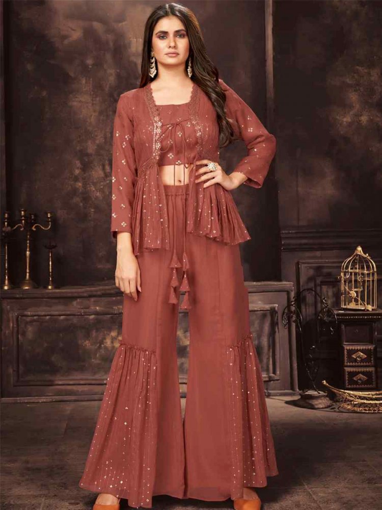 Rust Georgette Embroidered Party Engagement Sharara Pant Salwar Kameez