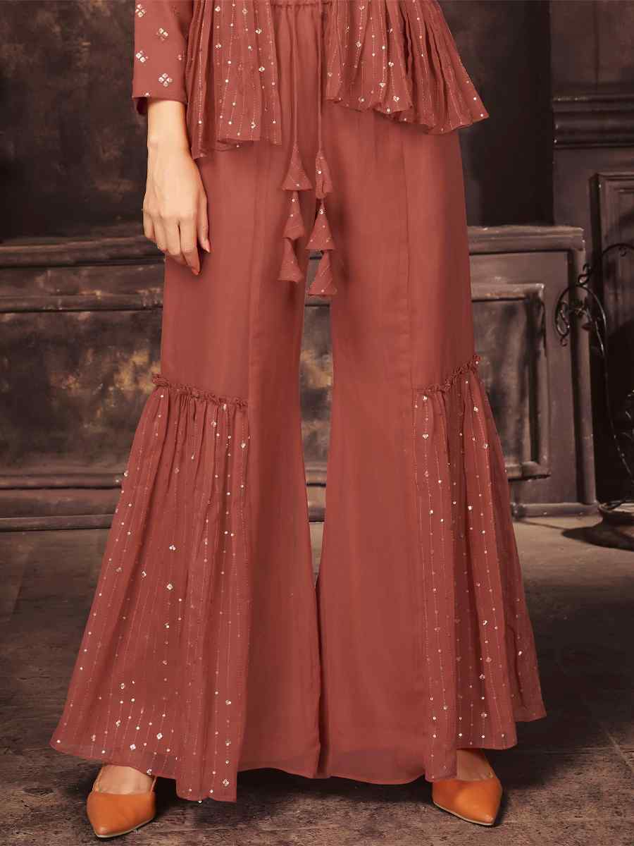 Rust Georgette Embroidered Party Engagement Sharara Pant Salwar Kameez