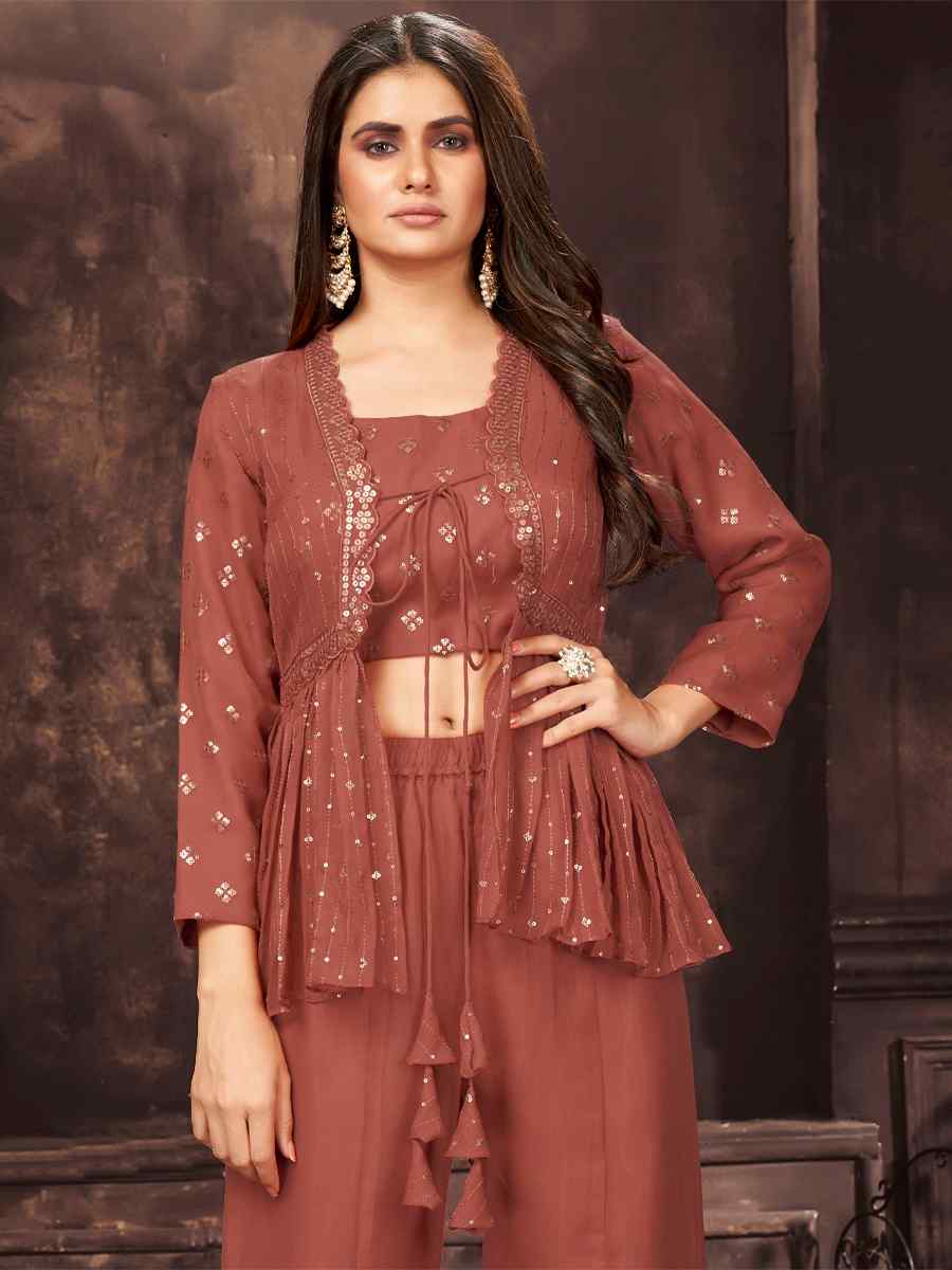 Rust Georgette Embroidered Party Engagement Sharara Pant Salwar Kameez