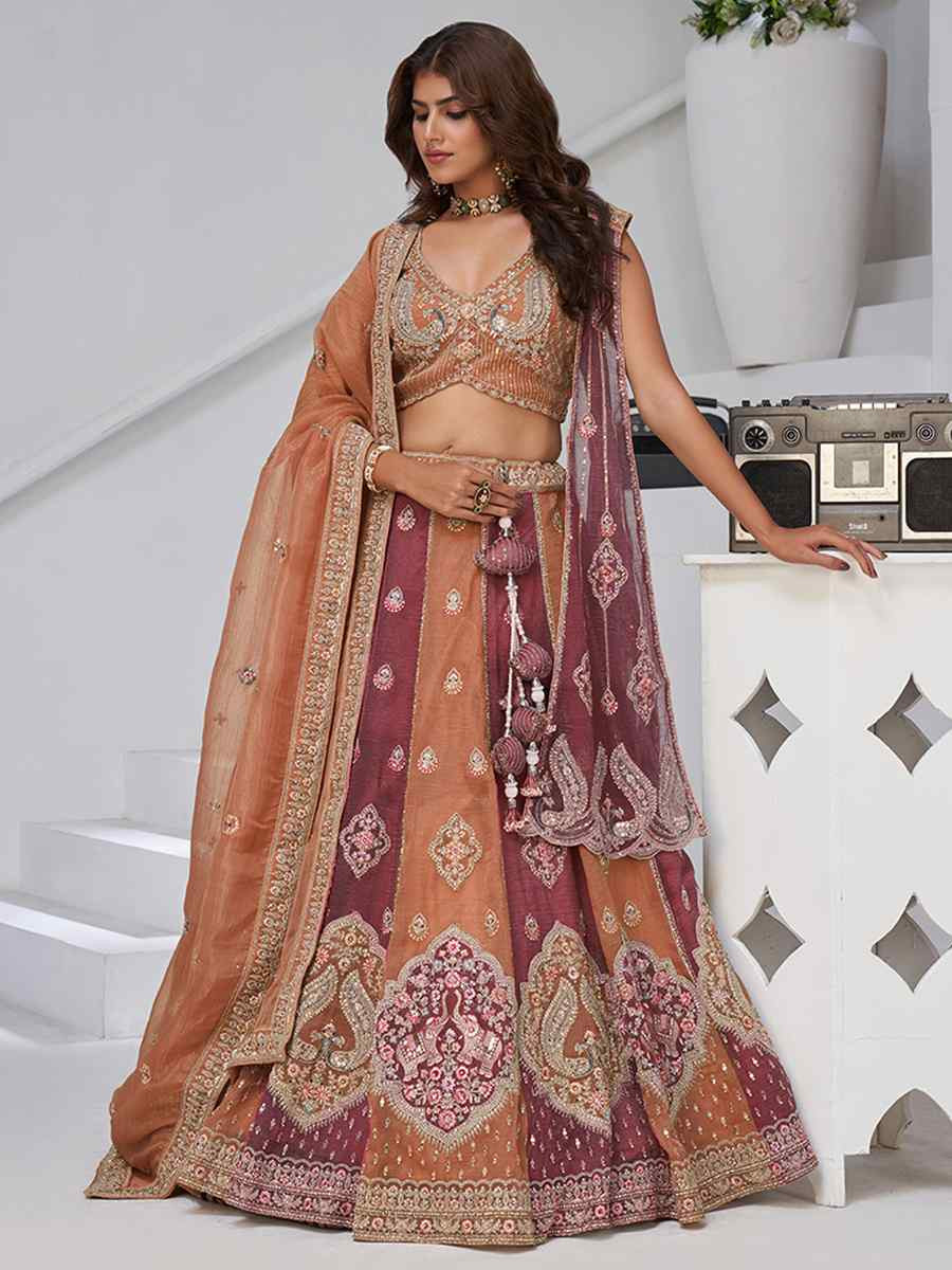 Rust Georgette Tissue Embroidered Wedding Reception Festival Heavy Border Lehenga Choli