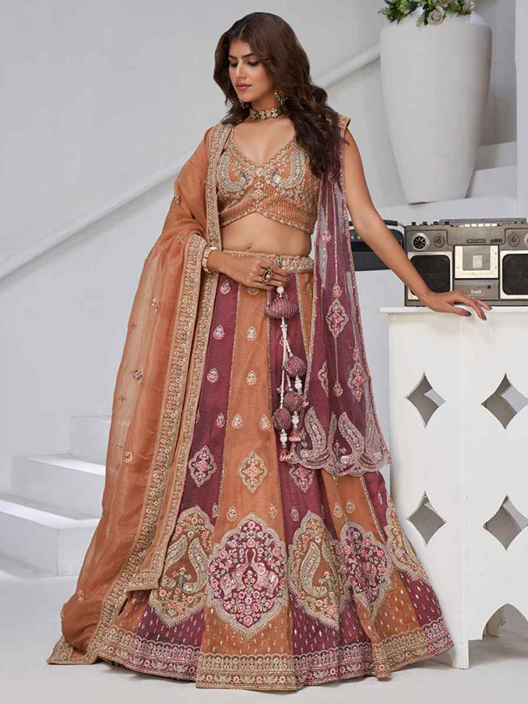 Image of Rust Georgette Tissue Embroidered Wedding Reception Festival Heavy Border Lehenga Choli