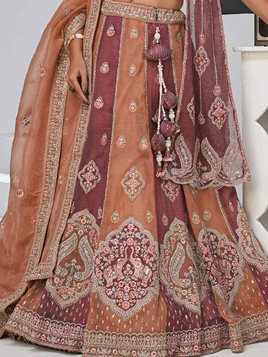 Rust Georgette Tissue Embroidered Wedding Reception Festival Heavy Border Lehenga Choli