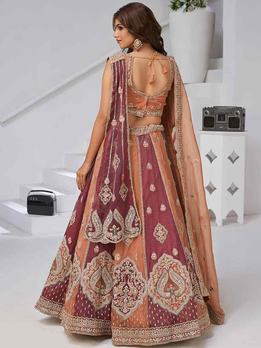 Rust Georgette Tissue Embroidered Wedding Reception Festival Heavy Border Lehenga Choli