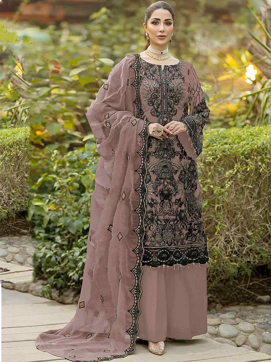 Rust Heavy Faux Georgette Embroidered Festival Party Palazzo Pant Salwar Kameez