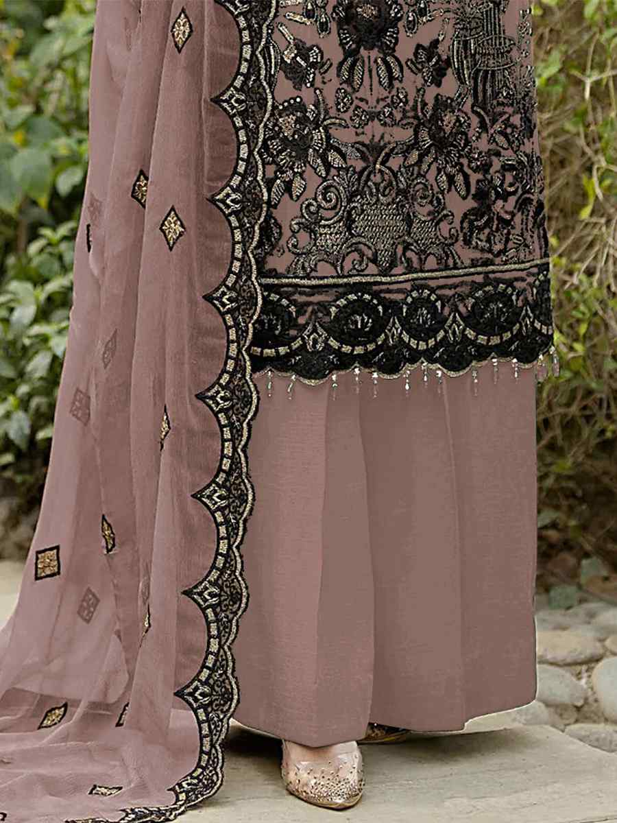 Rust Heavy Faux Georgette Embroidered Festival Party Palazzo Pant Salwar Kameez