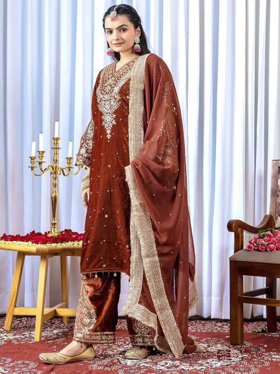 Rust Heavy Pure Viscose Velvet Embroidery Party Wedding Festival Casual Ready Pant Salwar Kameez