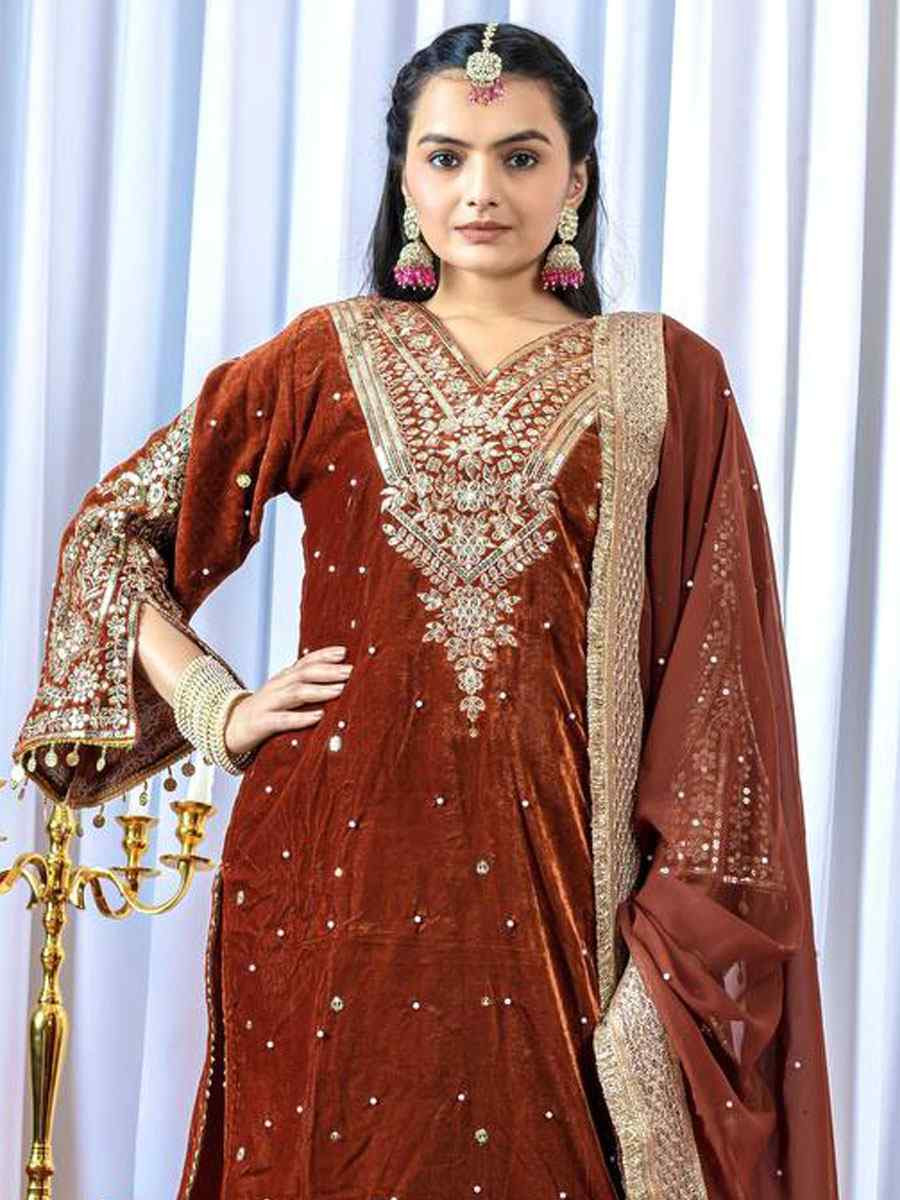 Rust Heavy Pure Viscose Velvet Embroidery Party Wedding Festival Casual Ready Pant Salwar Kameez