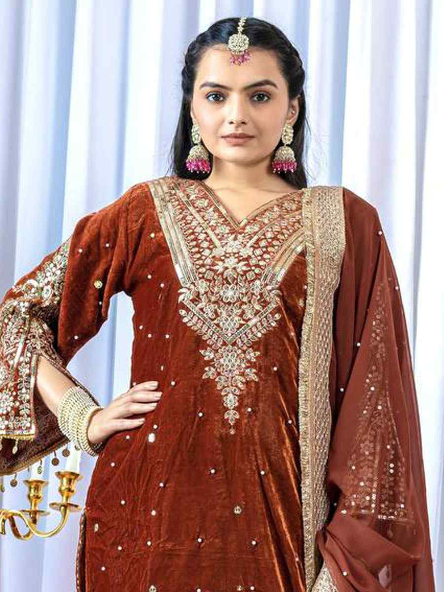 Rust Heavy Pure Viscose Velvet Embroidery Party Wedding Festival Casual Ready Pant Salwar Kameez