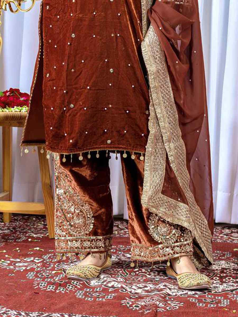 Rust Heavy Pure Viscose Velvet Embroidery Party Wedding Festival Casual Ready Pant Salwar Kameez