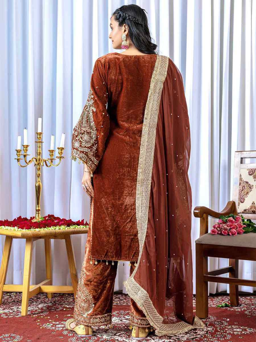 Rust Heavy Pure Viscose Velvet Embroidery Party Wedding Festival Casual Ready Pant Salwar Kameez