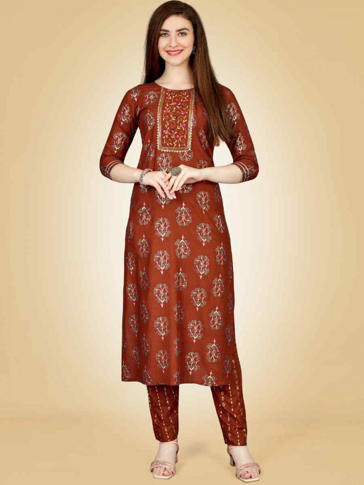 Rust Heavy Rayon 14 Kgs Embroidered Festival Casual Kurti